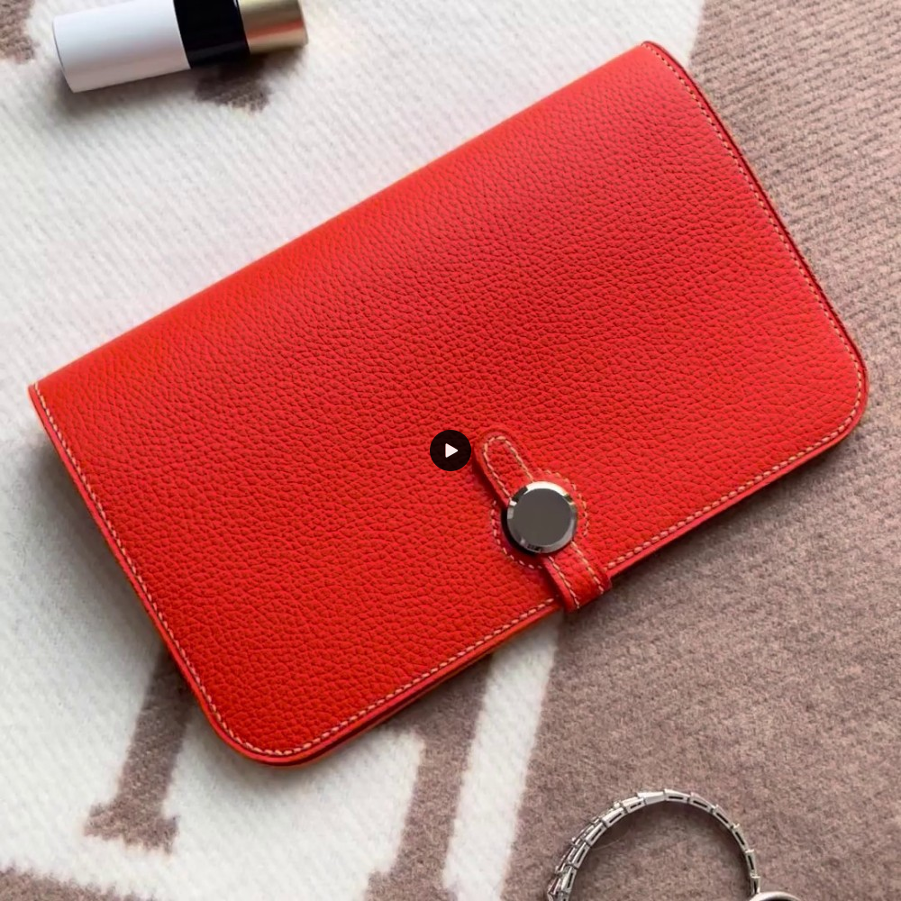 Clutch Wallet in Orange Togo with Removable Zip Pouch